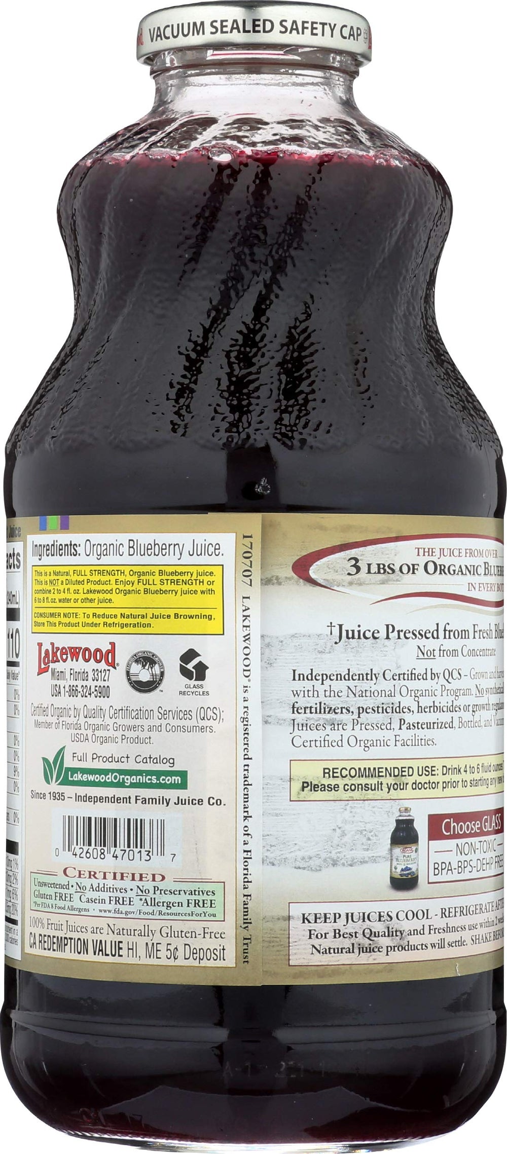 Lakewood Blueberry Juice label close-up, highlighting organic and non-GMO certification.