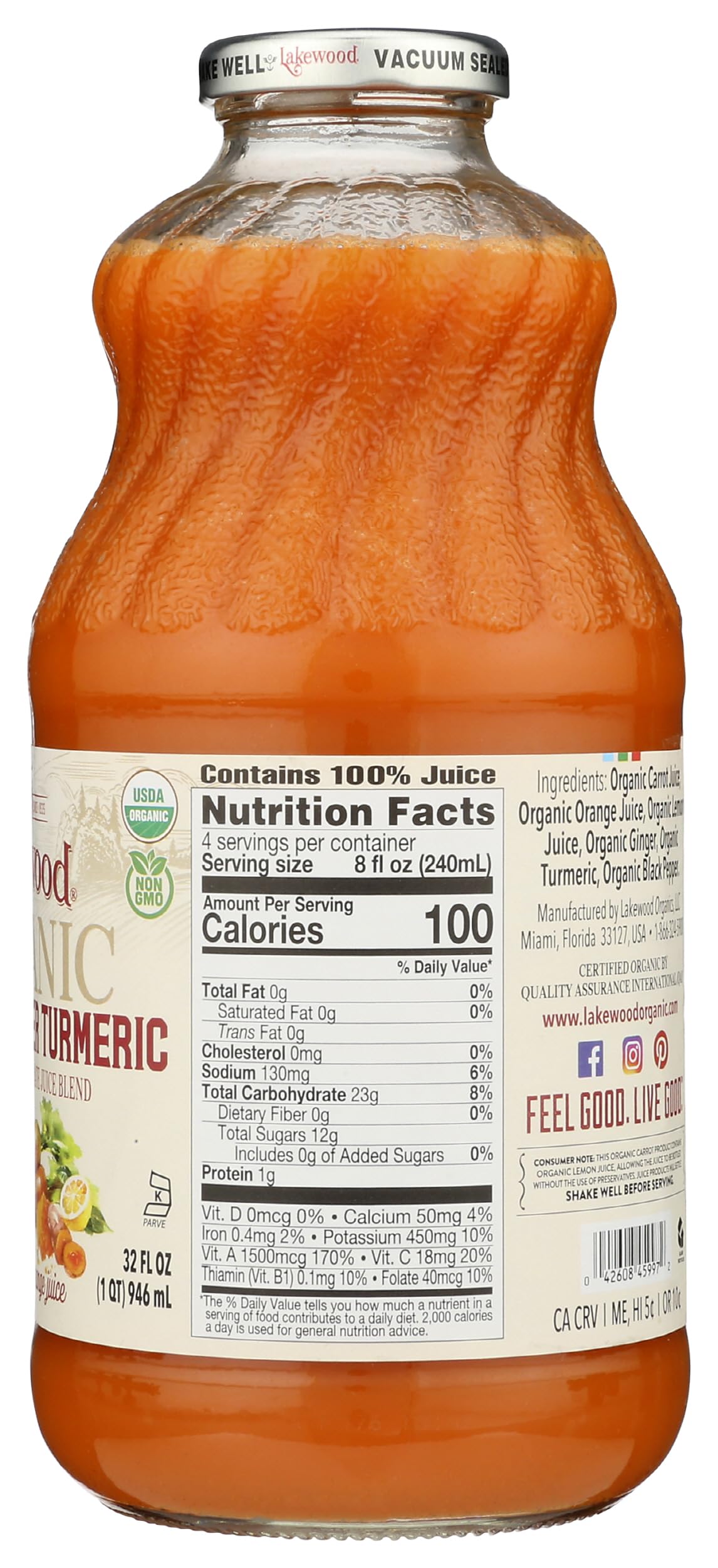 Lakewood carrot-ginger-turmeric juice bottle side highlights organic freshness for on-the-go sipping.