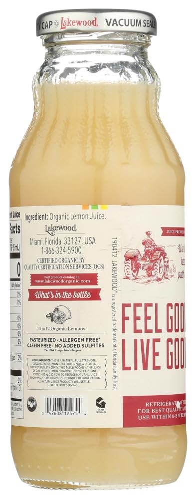 Glass of Lakewood Lemon Pure Organic juice ready to sip with a zesty aroma.
