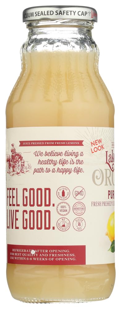 Lakewood Lemon Pure Organic juice label highlighting organic sourcing and natural flavor.
