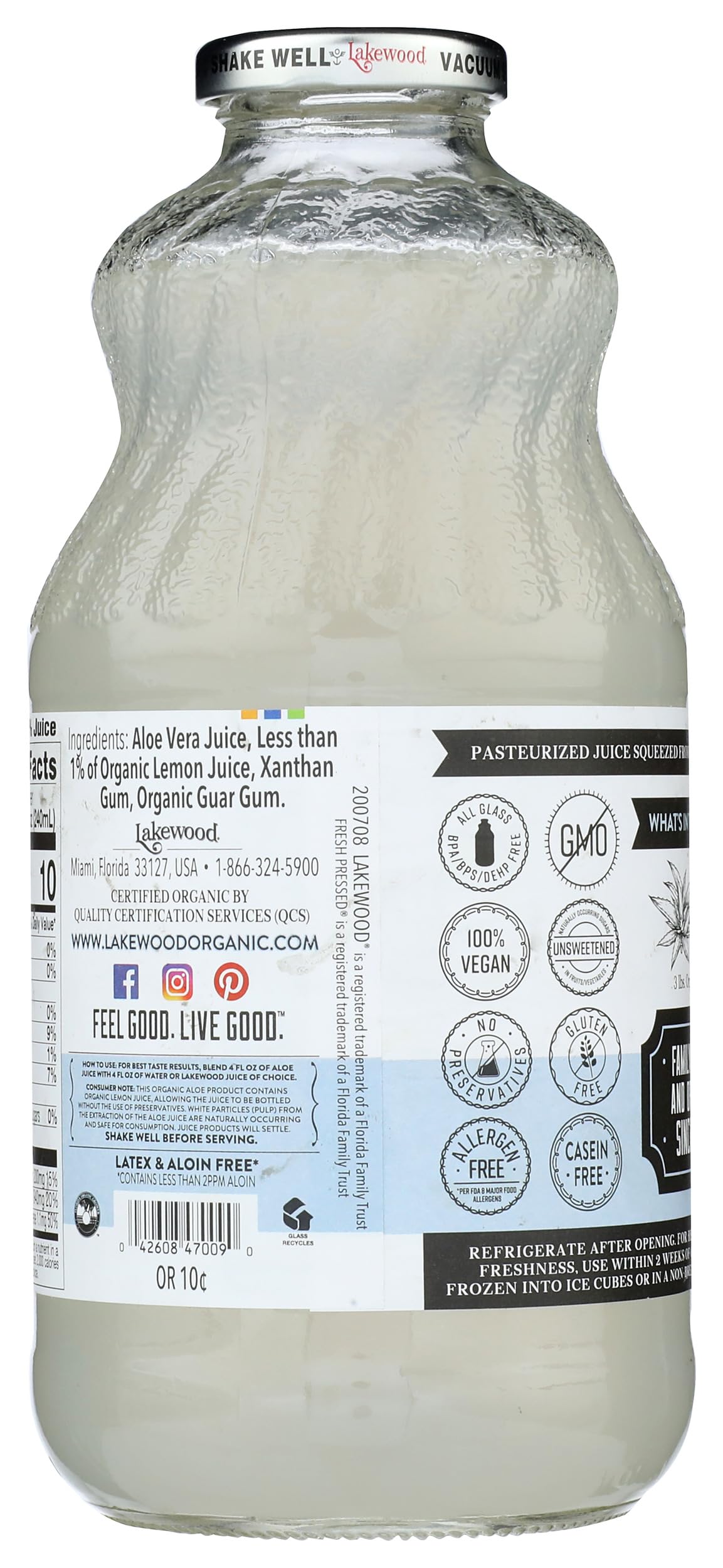 Refreshing glass of Lakewood Aloe Vera Gel Juice ready to enjoy