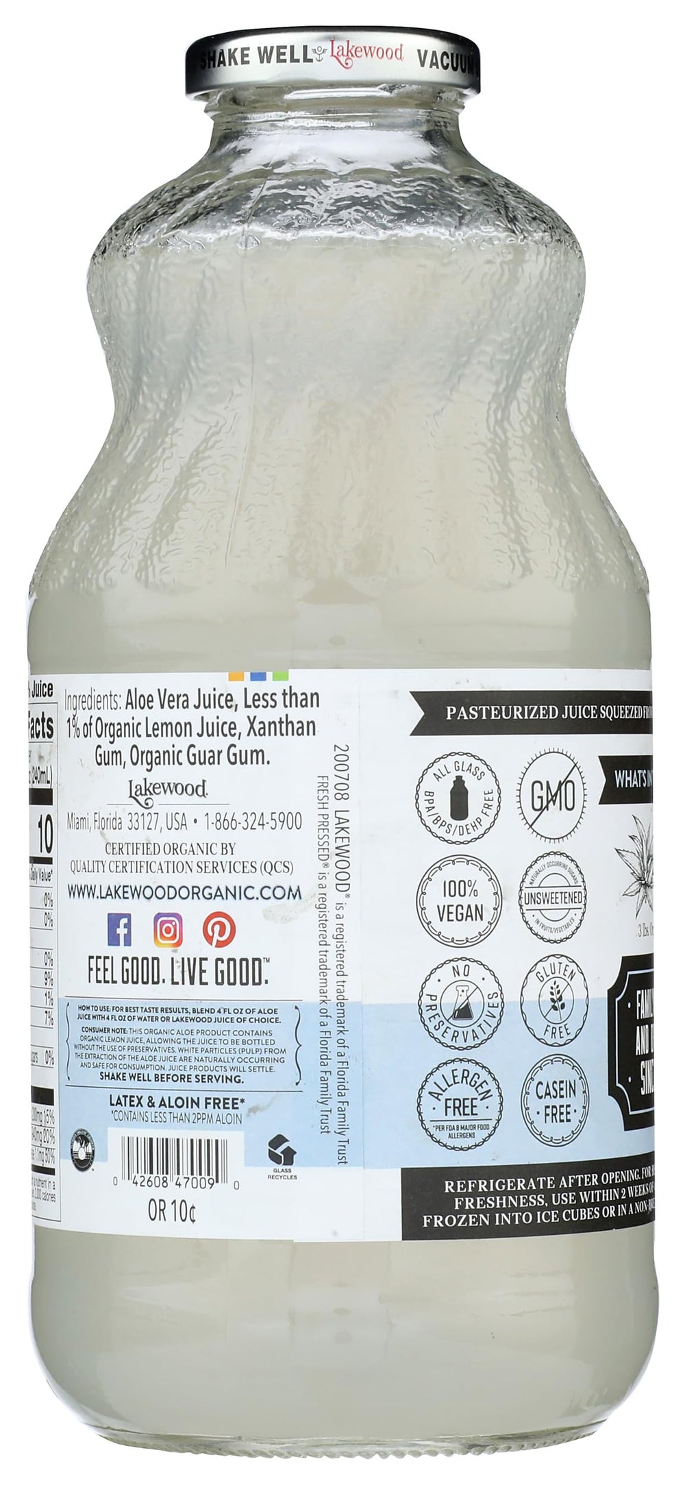Refreshing glass of Lakewood Aloe Vera Gel Juice ready to enjoy