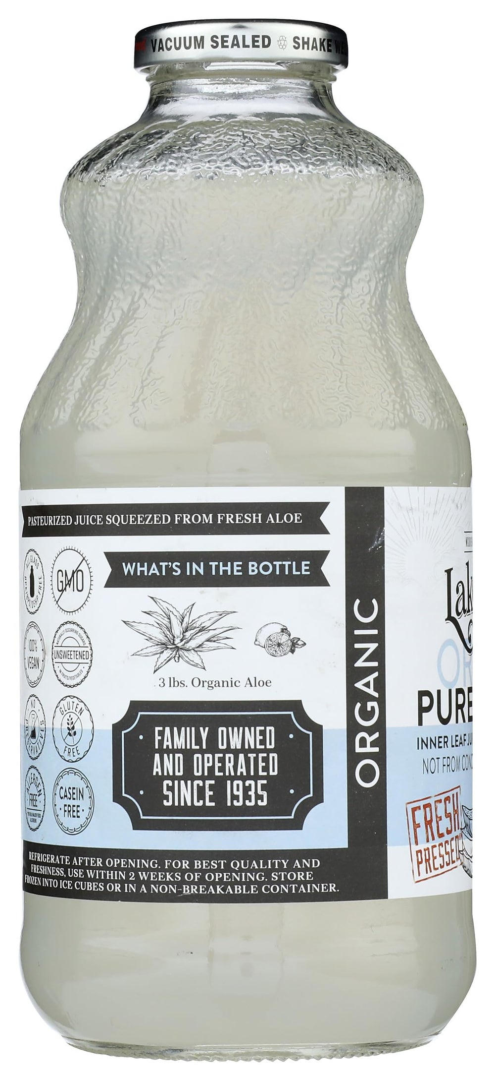 Ingredients panel on Lakewood Aloe Vera Gel Juice bottle