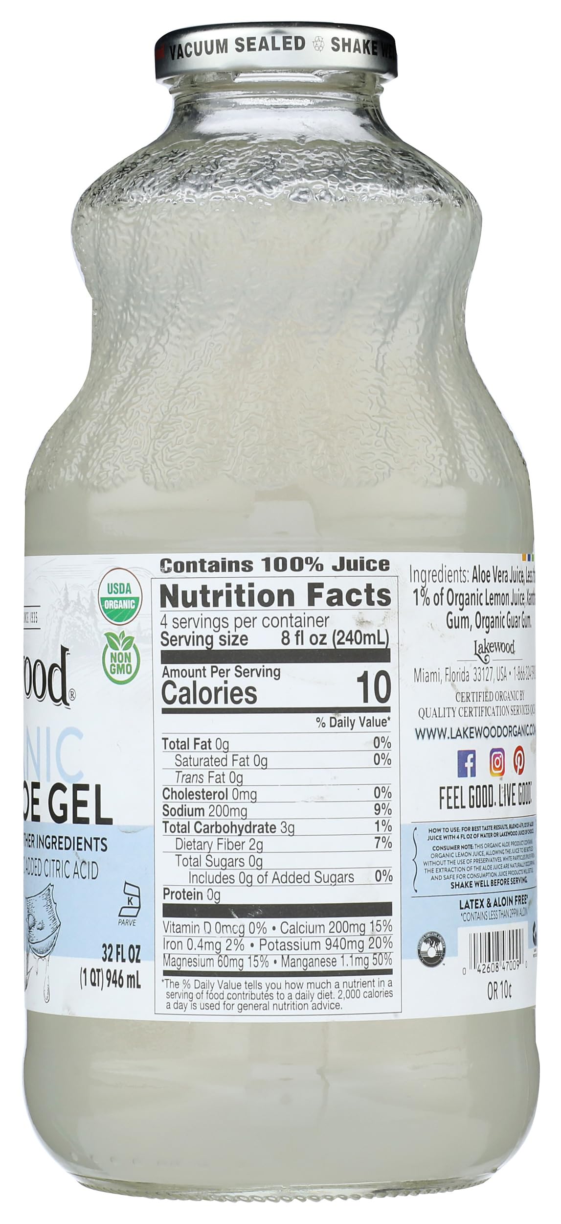 Pasteurization label on Lakewood Aloe Vera Gel Juice bottle