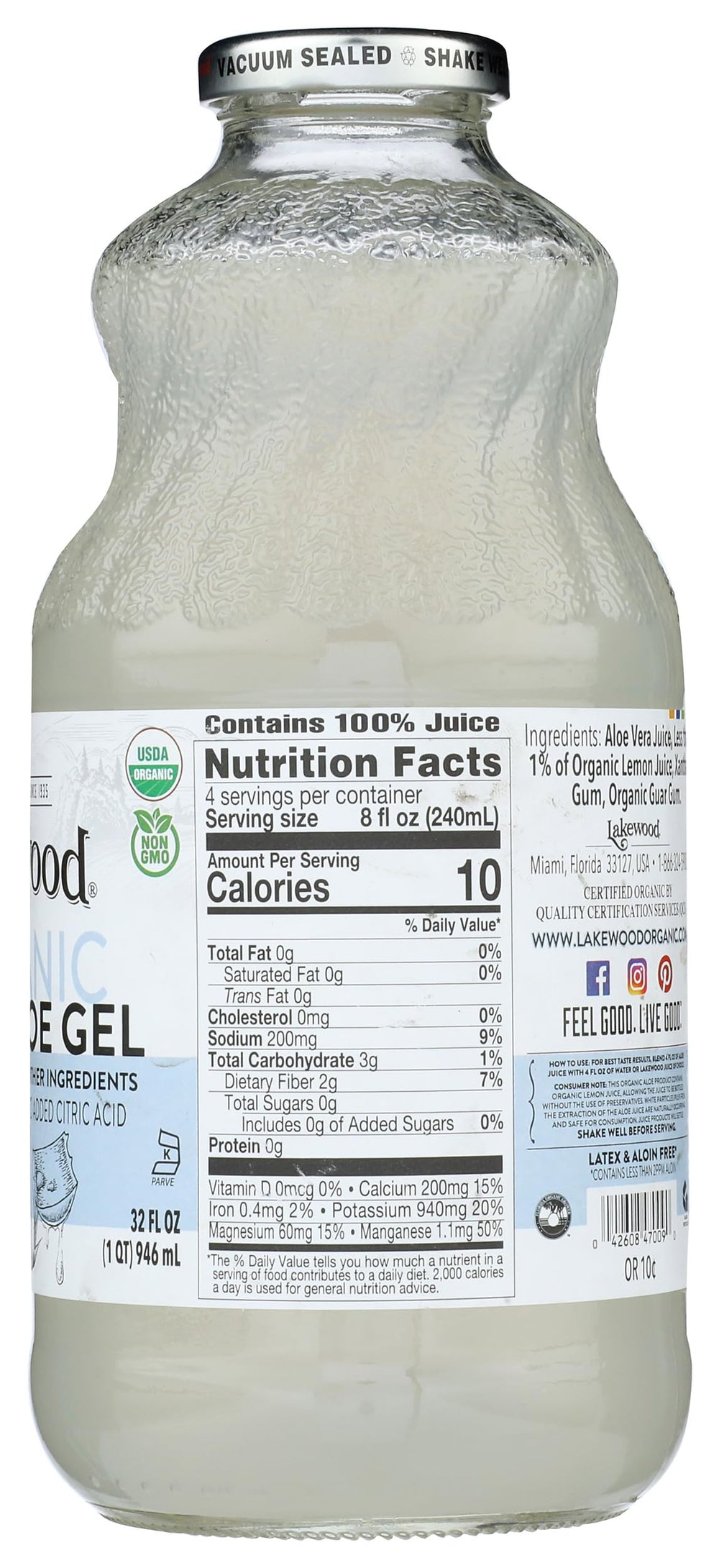 Pasteurization label on Lakewood Aloe Vera Gel Juice bottle