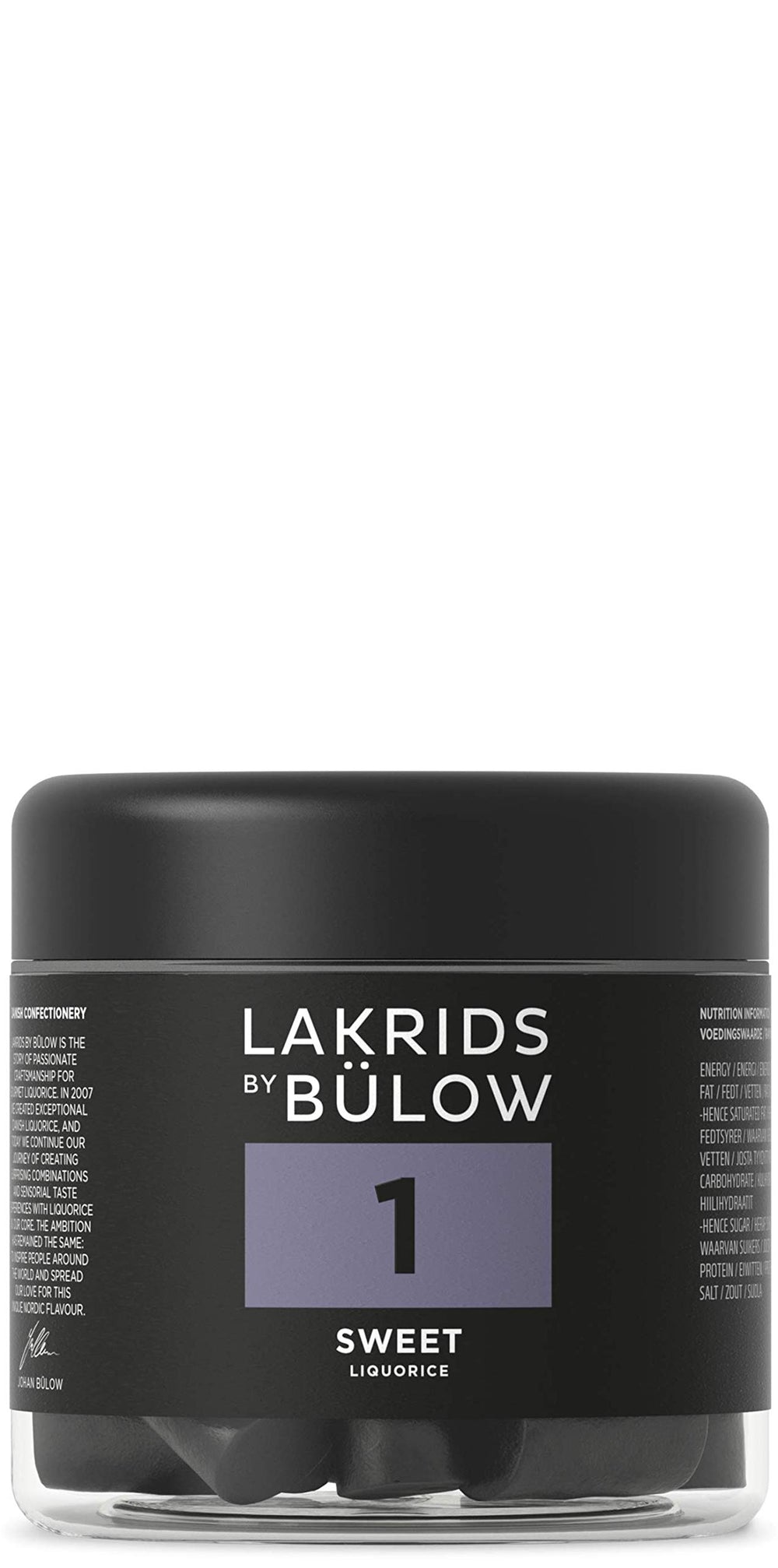 LAKRIDS BY BÜLOW Black licorice jar close-up, chewy texture ideal for everyday snacking.