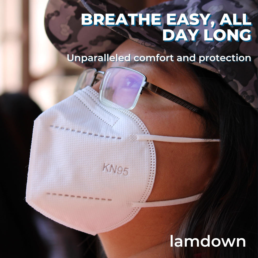 Lamdown KN95 white mask close-up highlighting clean finish and daily use.