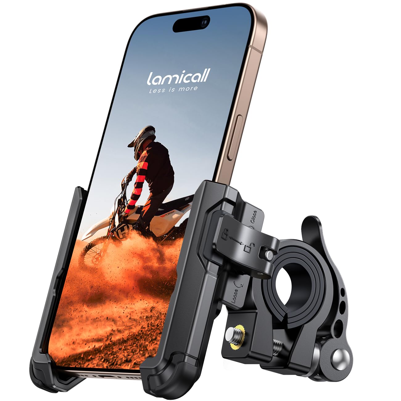 Lamicall motorcycle mount front view demonstrating secure hold on handlebars.