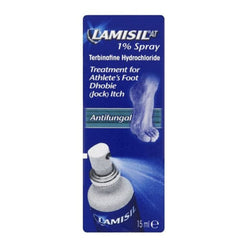 Lamisil 1% spray application provides cooling relief for athlete's foot between toes.
