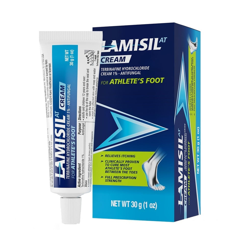 Lamisil tube packaging with screw cap for easy storage at home.