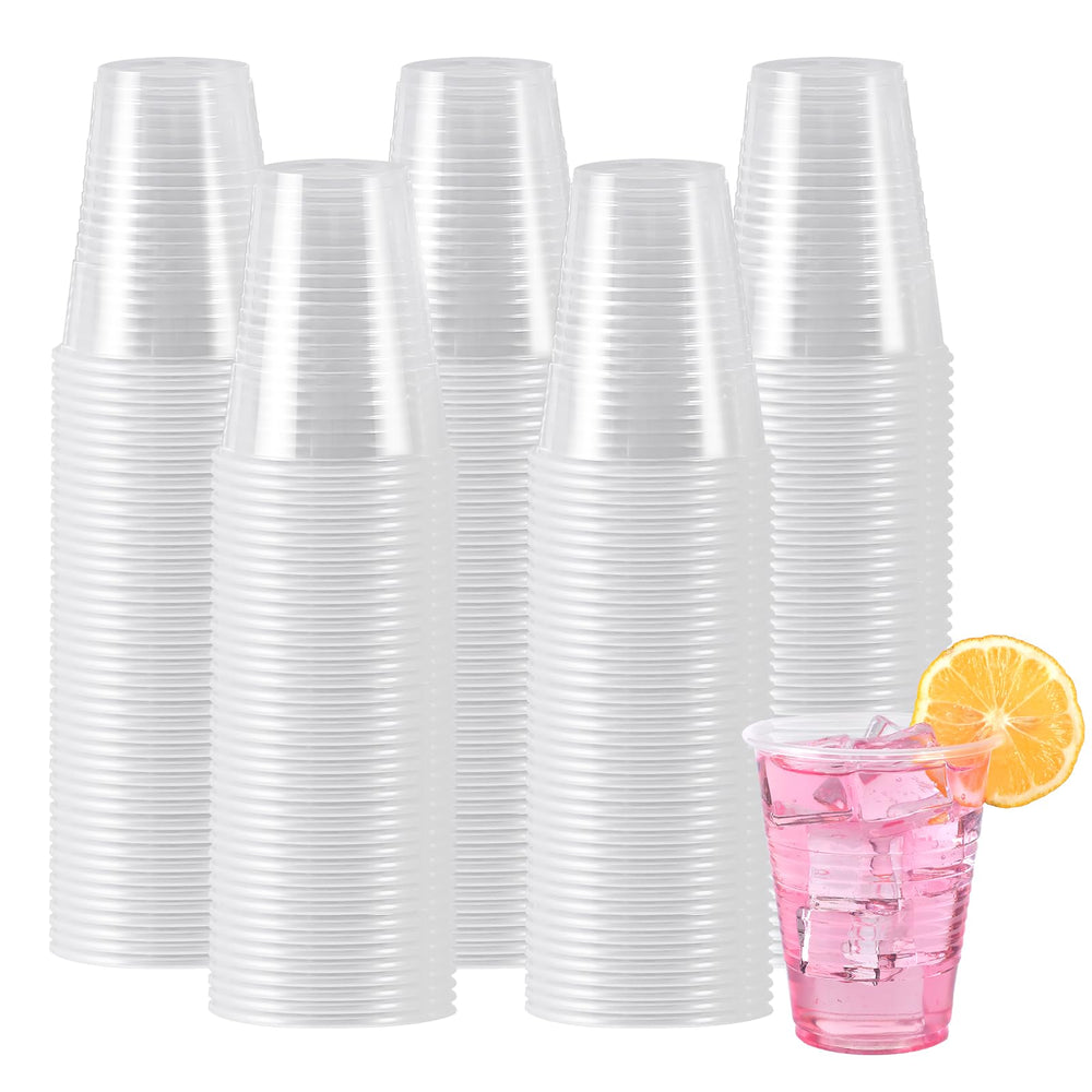 Lamosi 7 oz disposable cups in clear design, ideal for party beverages and quick cleanup.