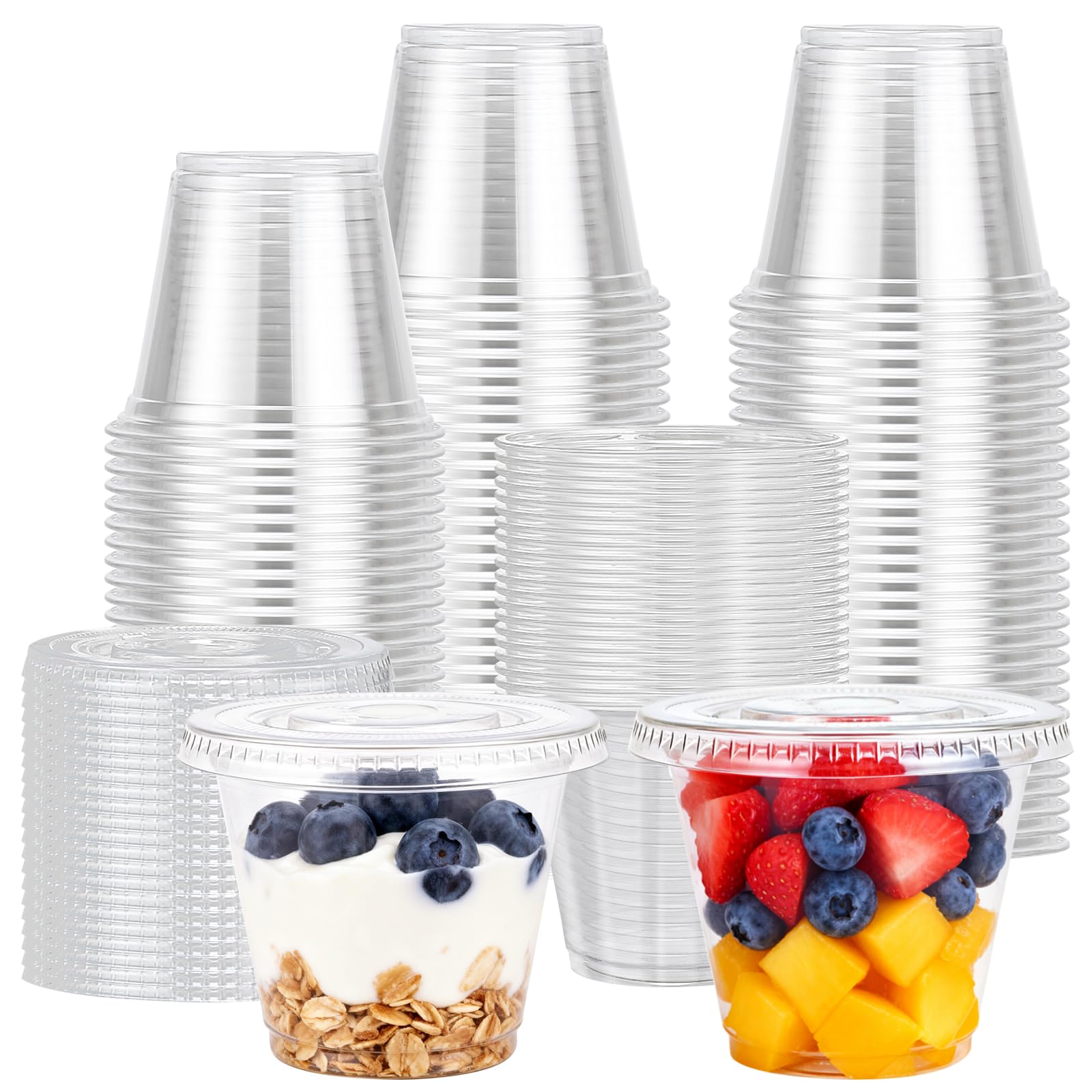 Lamosi 9 oz cups with lids in front view ideal for spill-free to-go drinks