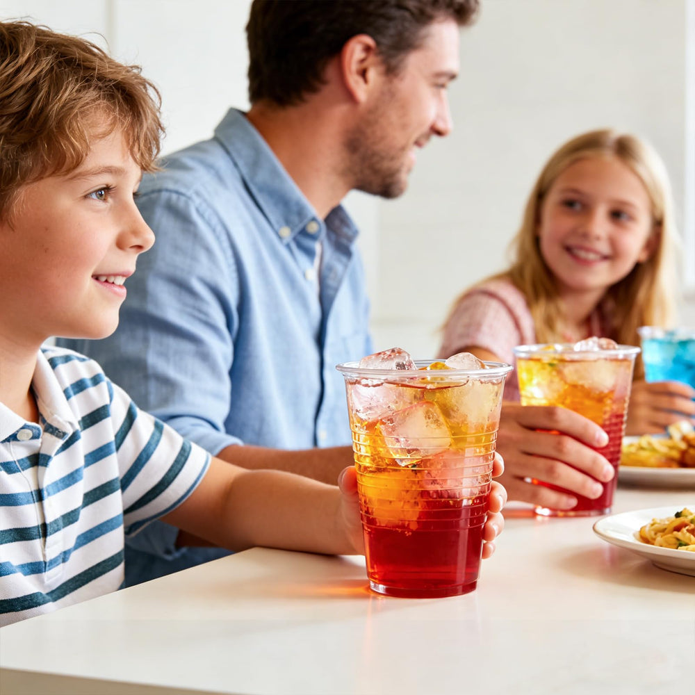 Lamosi party cups clear design, perfect for weddings and celebrations with vibrant beverages.