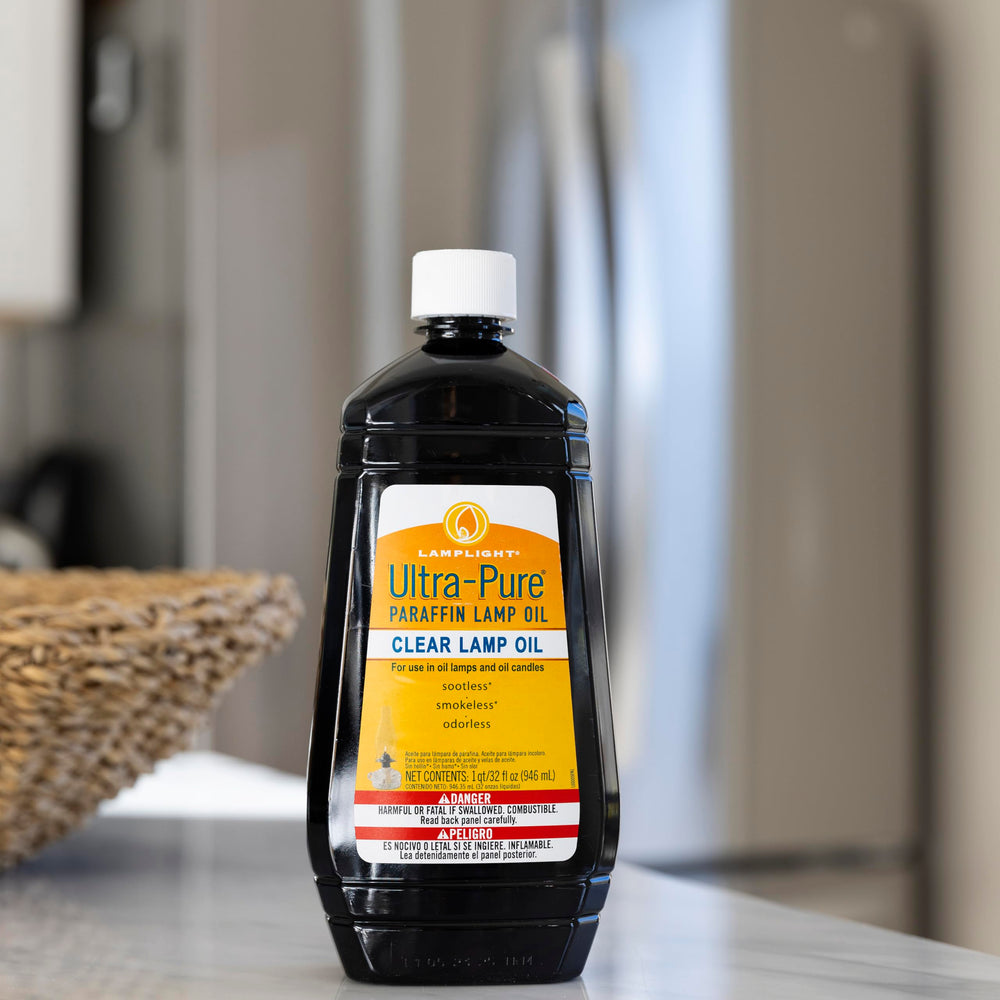 Lamplight Ultra-Pure Lamp Oil in a clear bottle delivering smokeless indoor use.