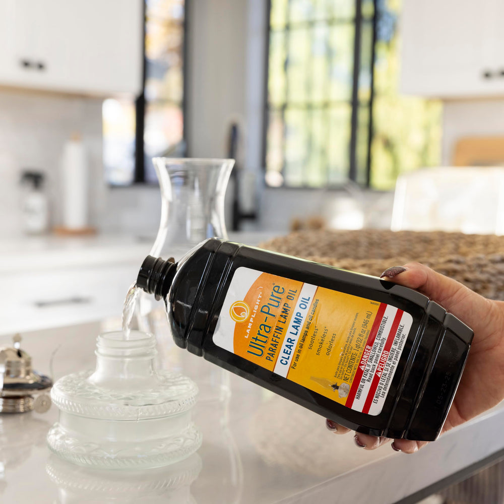 Lamplight Ultra-Pure Lamp Oil in-use lamp creating a nostalgic, steady glow.