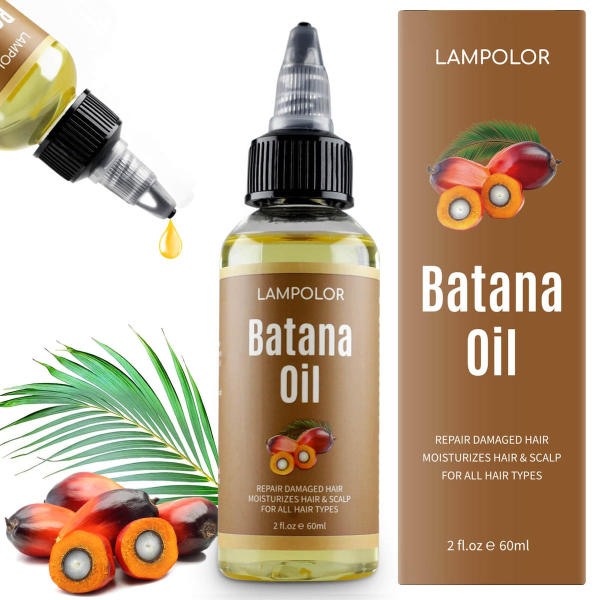 Lampolar Batana Oil bottle highlights pure formula for nourished hair growth potential.
