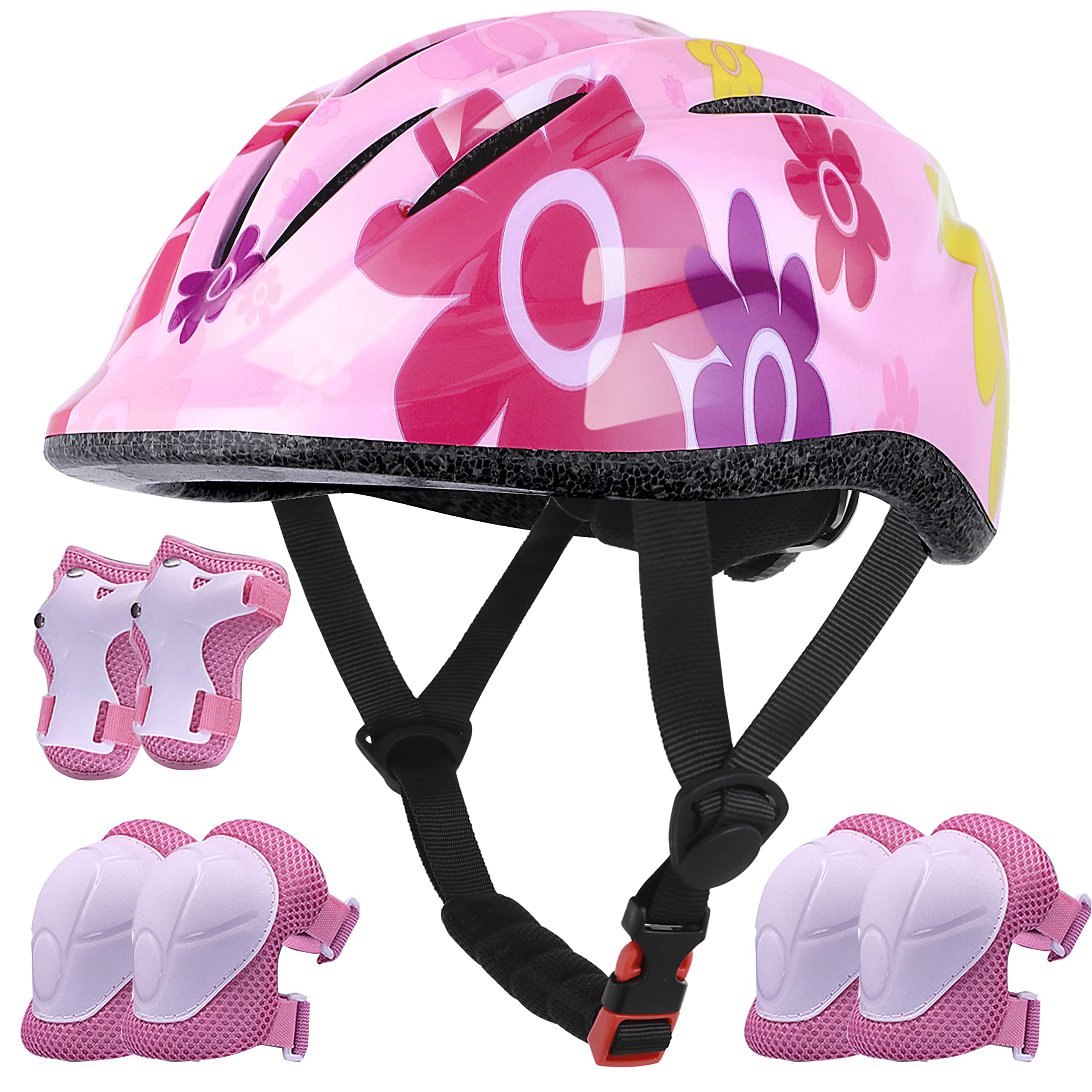 Lamsion kids helmet in pink sunflower design for safe cycling and skating