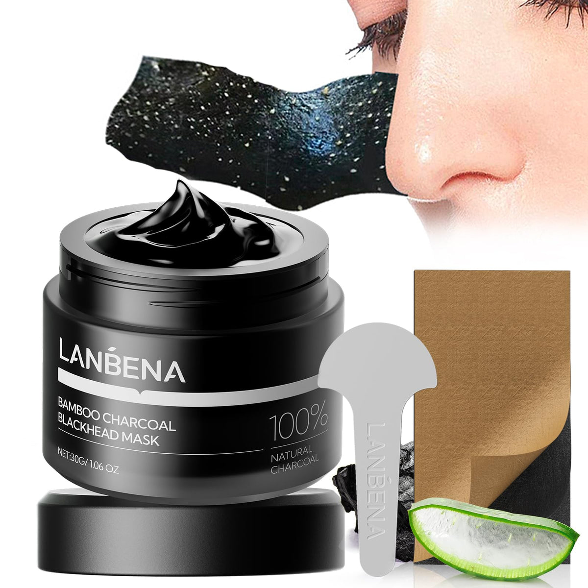 LANBENA Upgraded 2.0 bamboo charcoal nose mask packaging highlights pore cleansing potential.