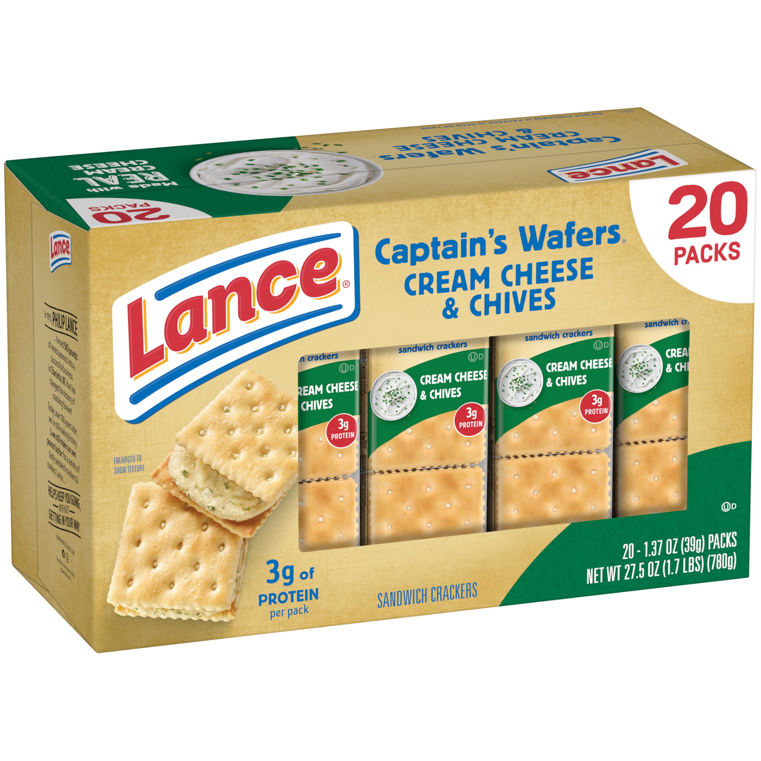 Lance Captain's Wafers ingredients shot emphasizes real cheese and chives filling.