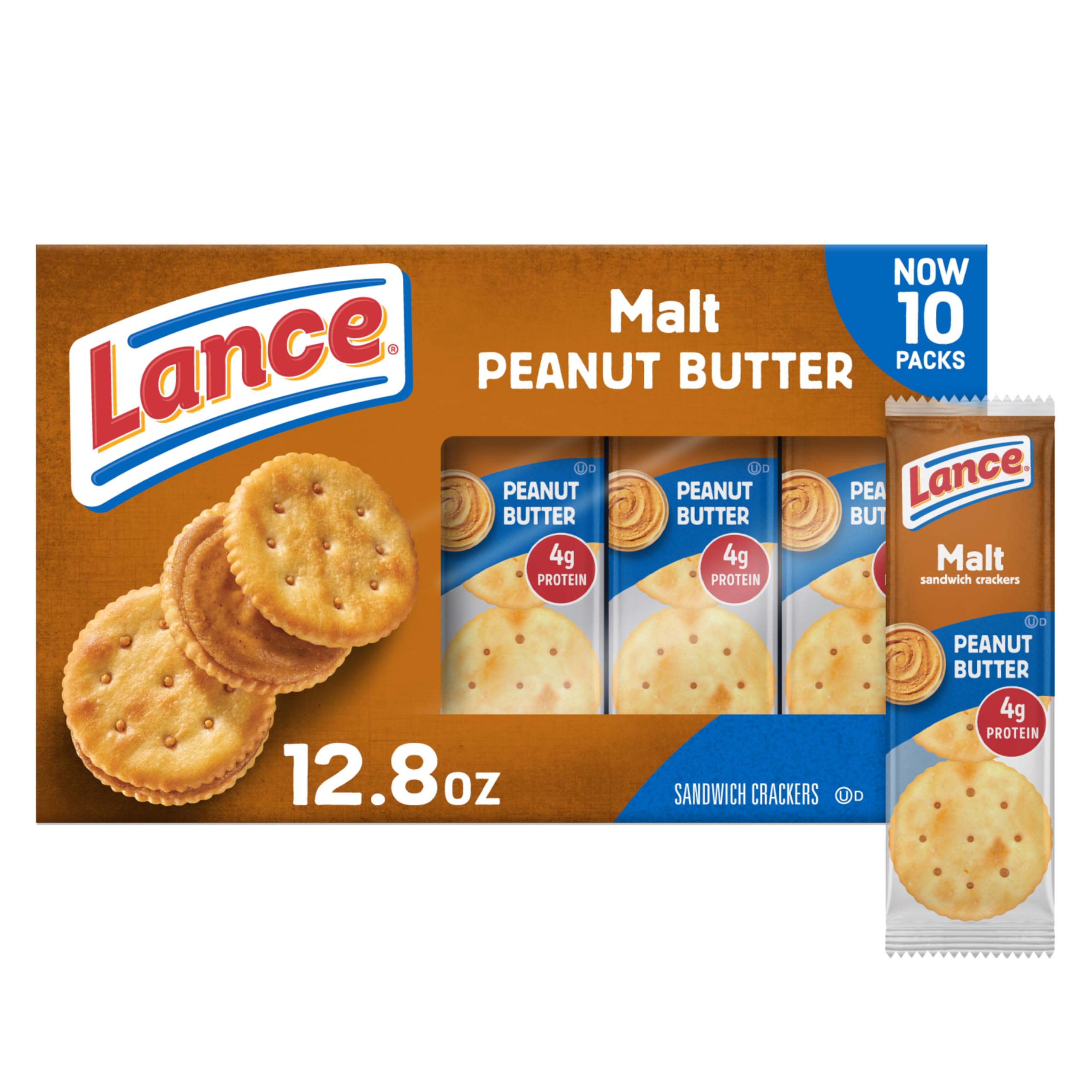 Lance malt with peanut butter crackers pack front, convenient on-the-go snack.