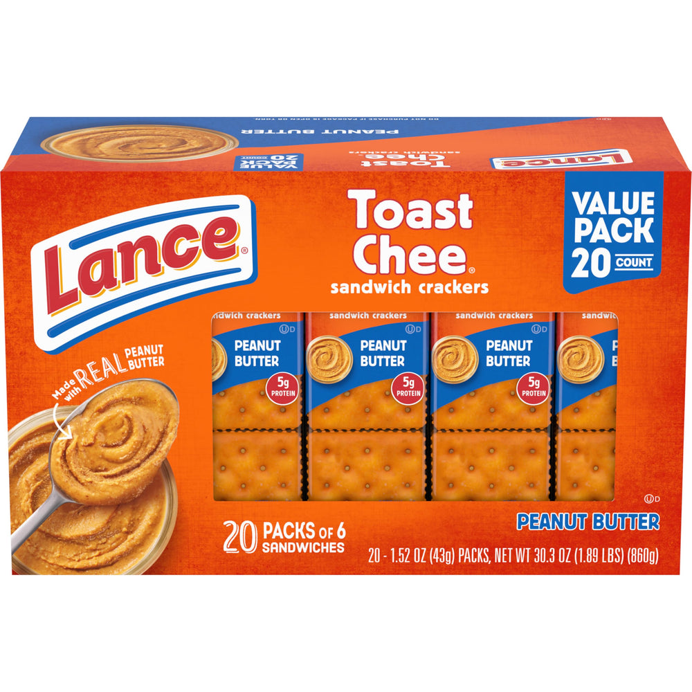 Lance ToastChee peanut butter sandwich crackers pack front, ideal for quick lunches.