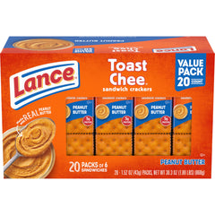 Lance ToastChee peanut butter sandwich crackers pack front, ideal for quick lunches.