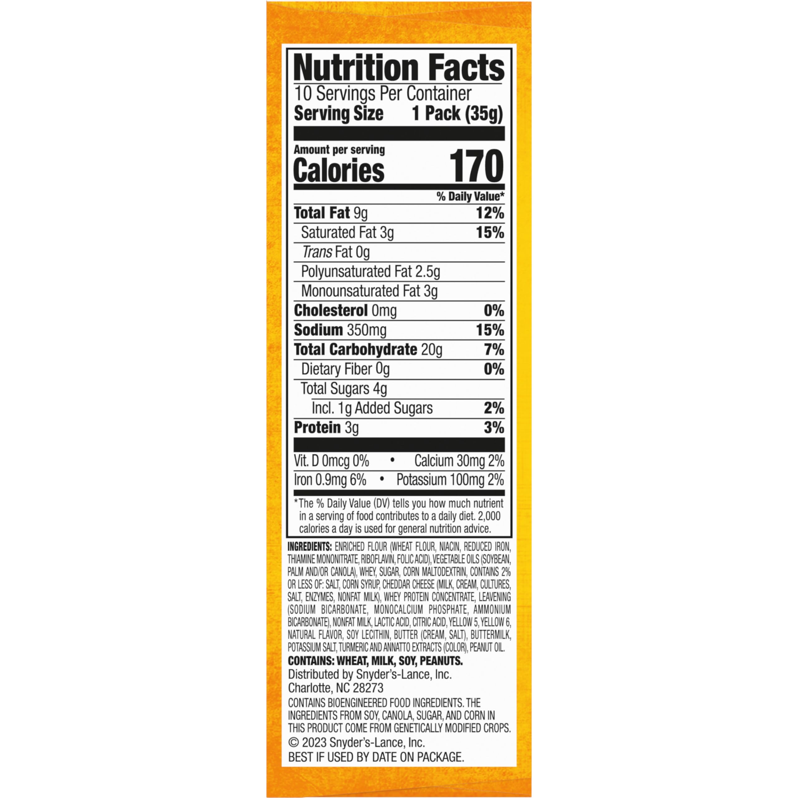 Lance Toasty Cheddar sandwich crackers nutrition label, 2 g protein per serving