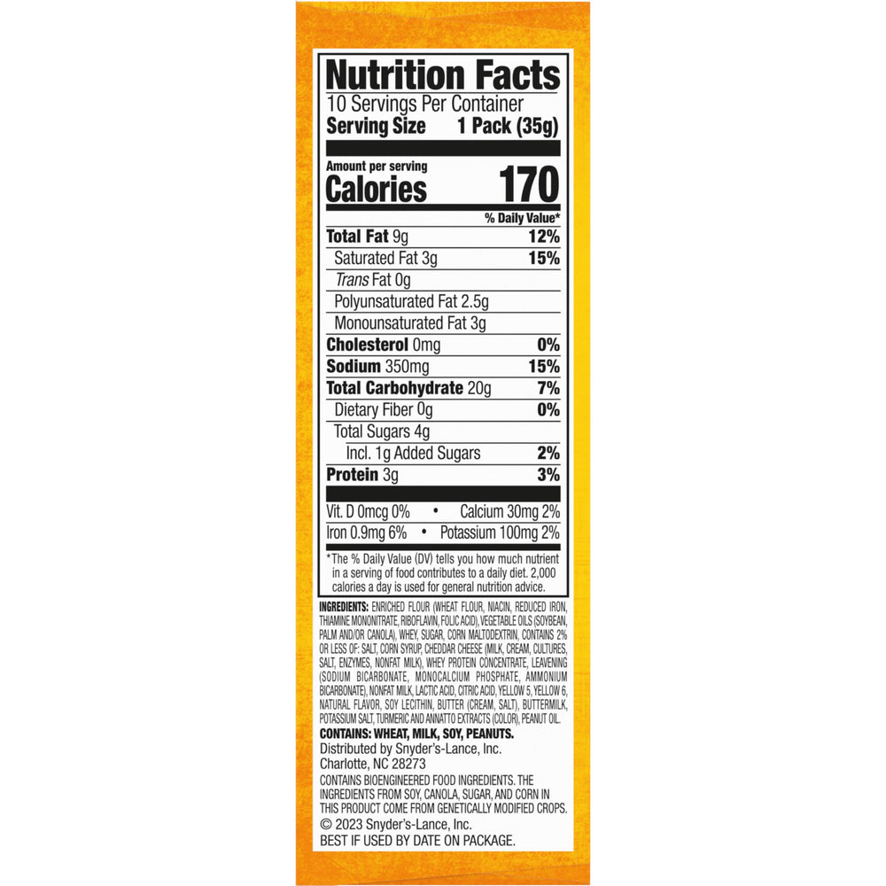 Lance Toasty Cheddar sandwich crackers nutrition label, 2 g protein per serving