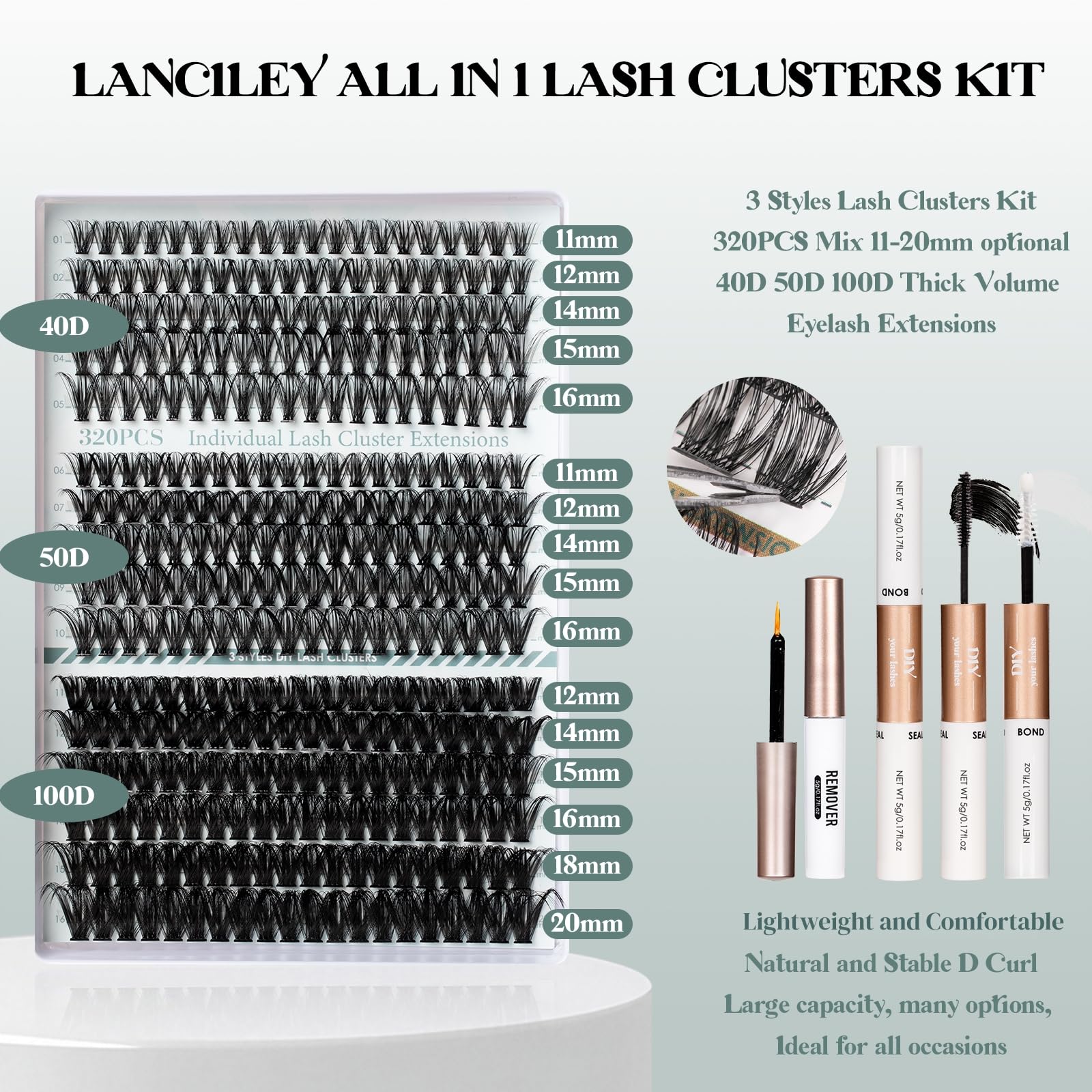 Lanciley lash clusters kit styles lengths 11-20mm for customizable volume.