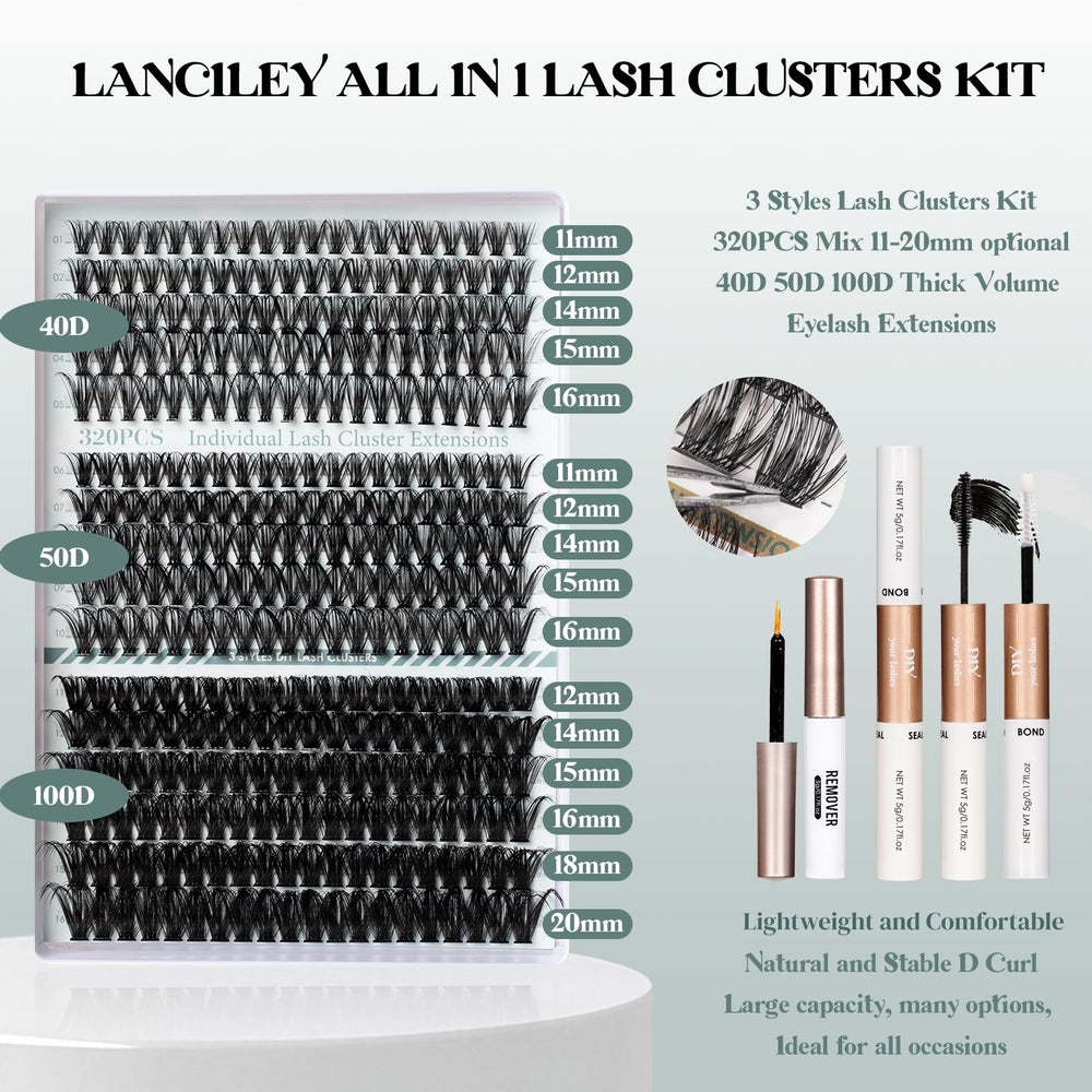 Lanciley lash clusters kit styles lengths 11-20mm for customizable volume.
