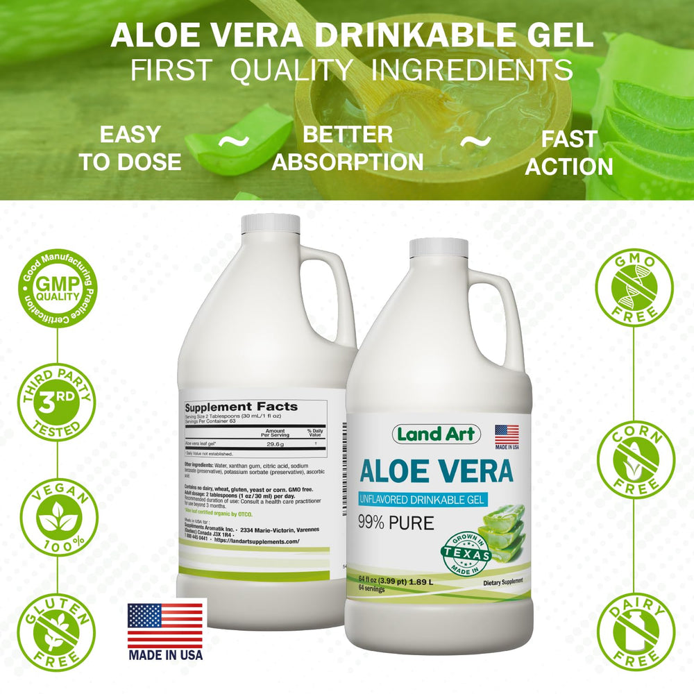 Land Art 64oz Aloe Vera Gel bottle communicates value for long-term daily use.