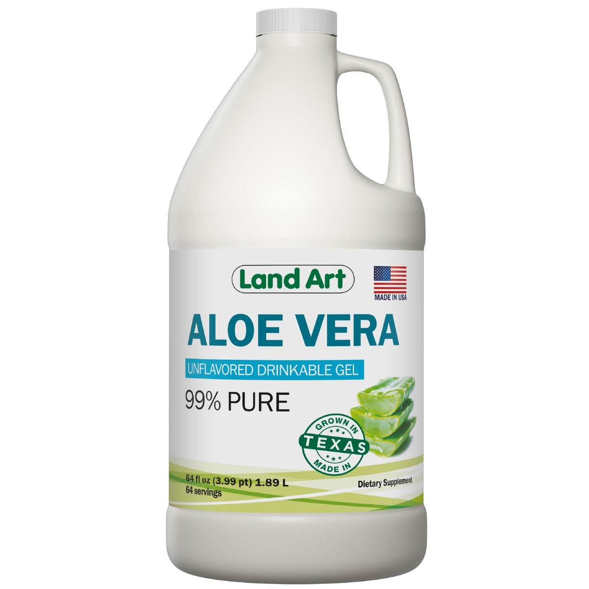 Land Art Aloe Vera Drinkable Gel bottle shows pure, organic formula for gentle digestive support.