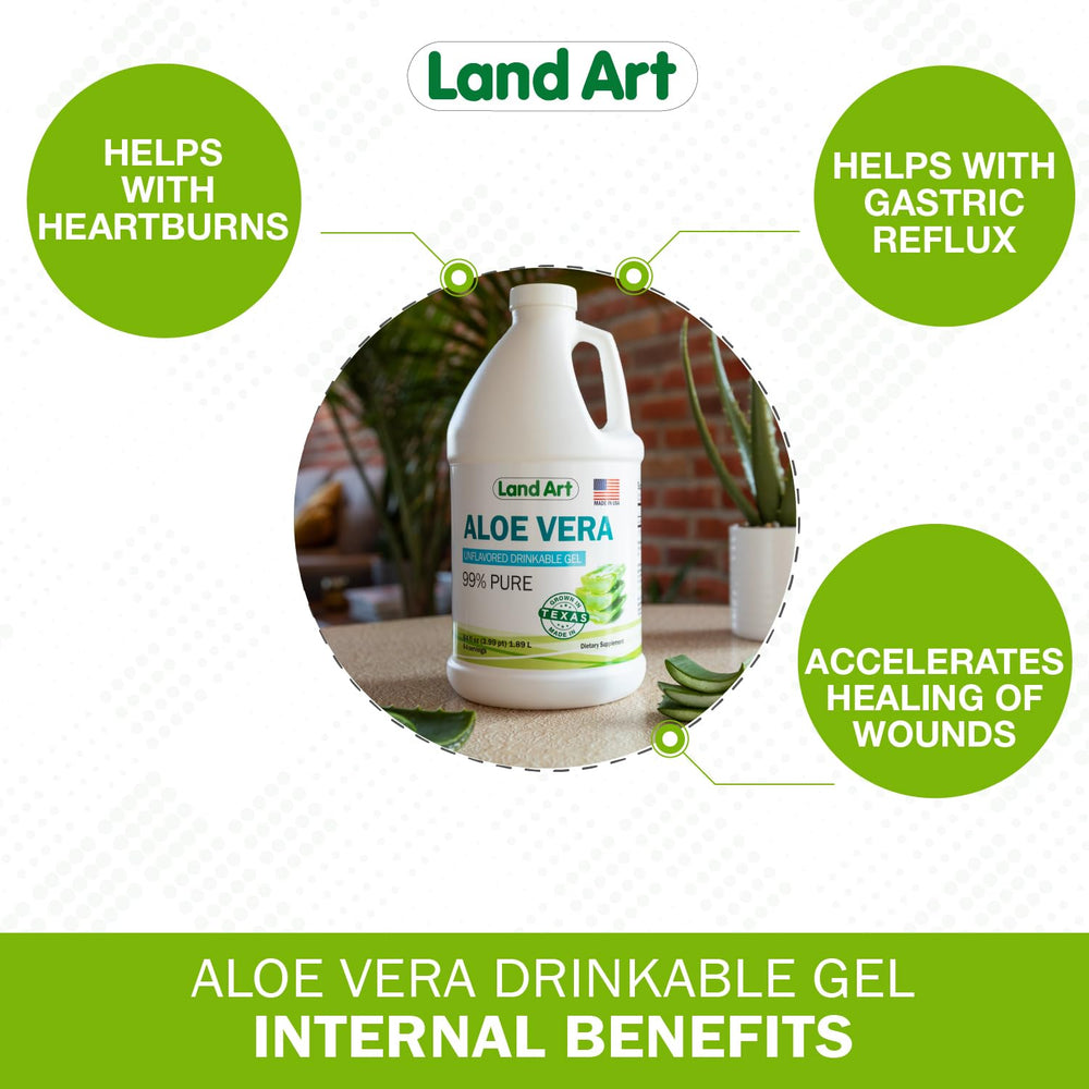Land Art Aloe Vera Drinkable Gel pour demonstrates easy daily dosing for calm digestion.