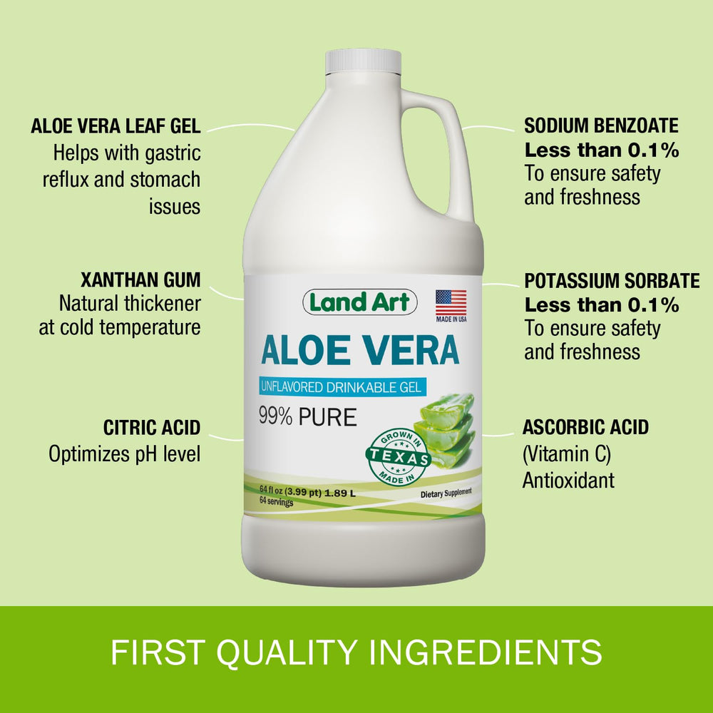 Land Art Aloe Vera Gel cold-processing badge signals enzyme preservation.
