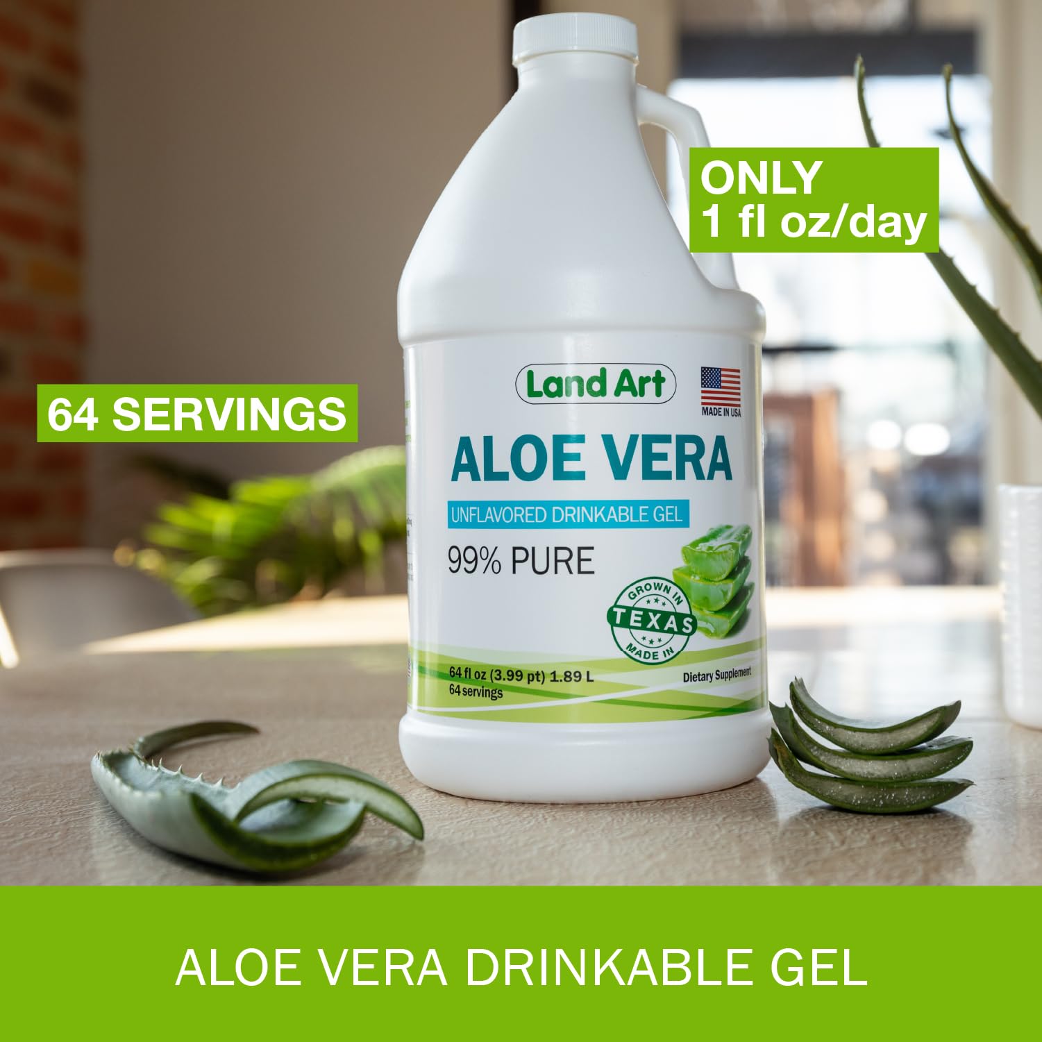 Land Art Aloe Vera Gel ingredients panel emphasizes organic sourcing and enzyme-rich content.