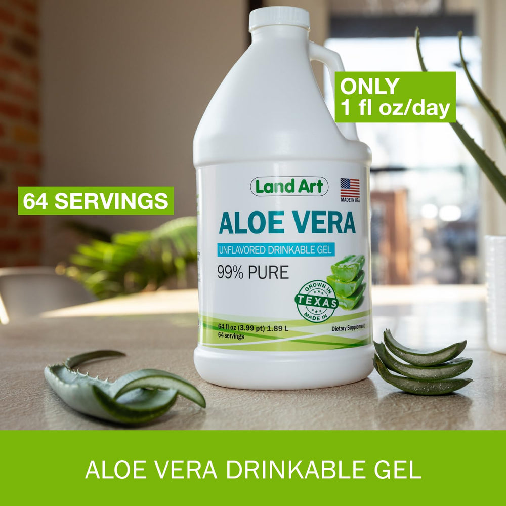 Land Art Aloe Vera Gel ingredients panel emphasizes organic sourcing and enzyme-rich content.