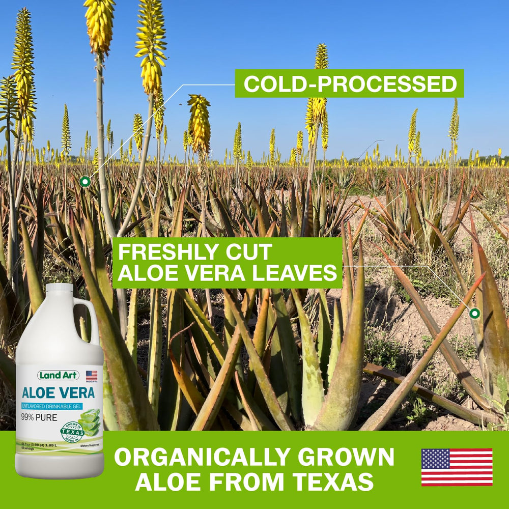 Land Art Aloe Vera Gel label closeup highlights 99.7% purity and aloin-free formulation.