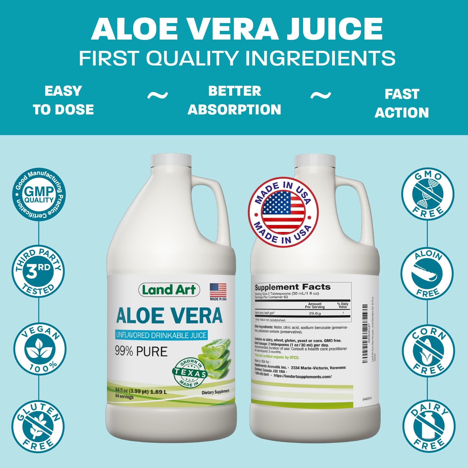 Label highlights gluten-free and additive-free attributes for Land Art juice.