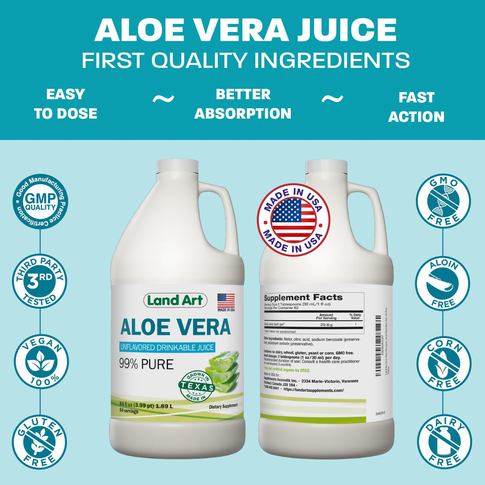 Label highlights gluten-free and additive-free attributes for Land Art juice.