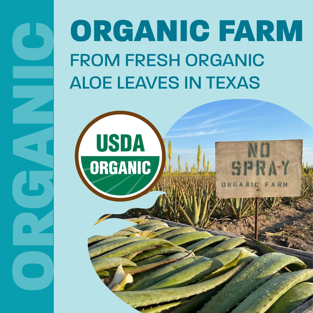 Texas-grown inner fillet detail on Land Art Aloe Vera Juice packaging.