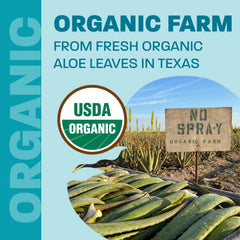 Texas-grown inner fillet detail on Land Art Aloe Vera Juice packaging.