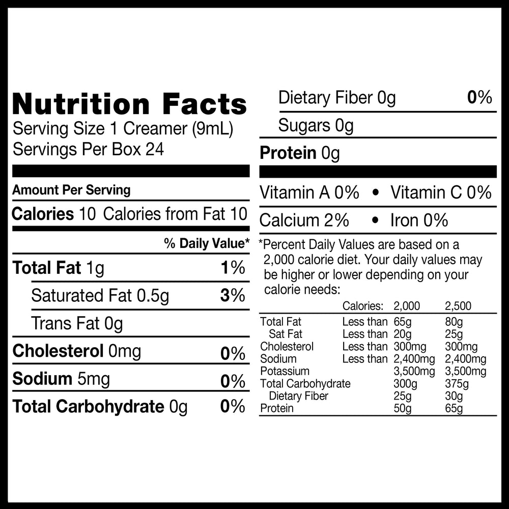 Land O Lakes Mini Moos half and half single-pack back label showing ingredients for pantry storage