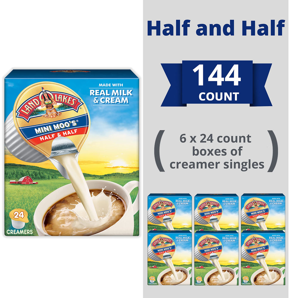 Land O Lakes Mini Moos single-serving packets opened beside a coffee cup