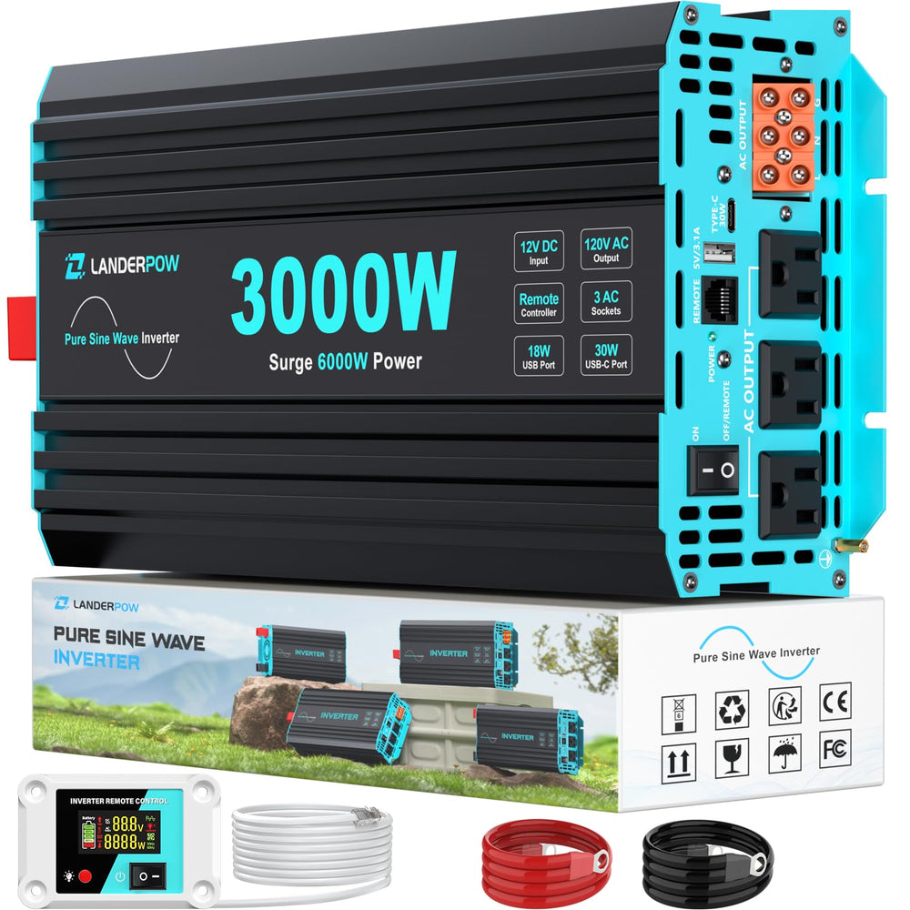 LANDERPOW 3000W inverter front view powering RV and home electronics safely.