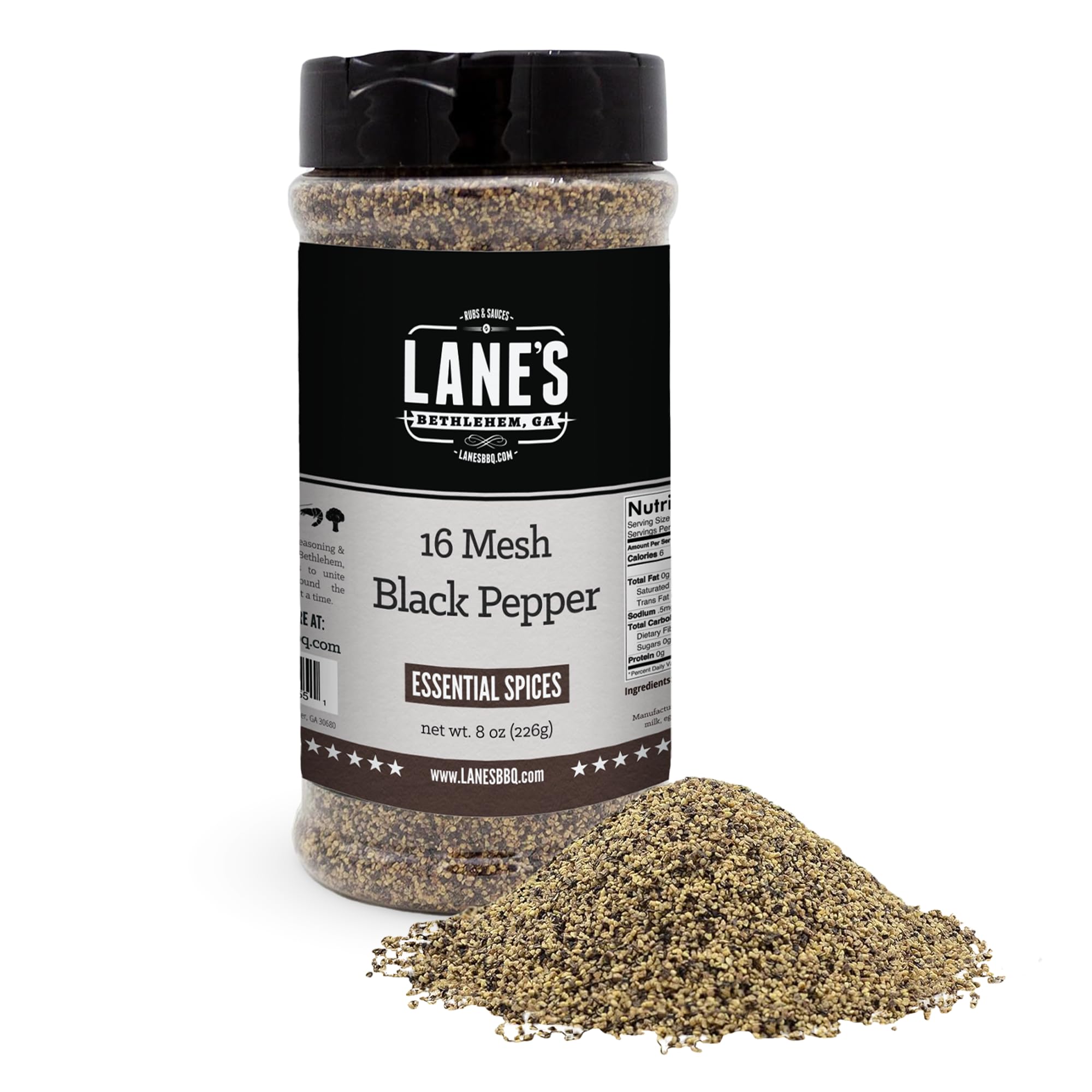 Lane's 16-mesh coarse black pepper bottle provides uniform heat for even seasoning.