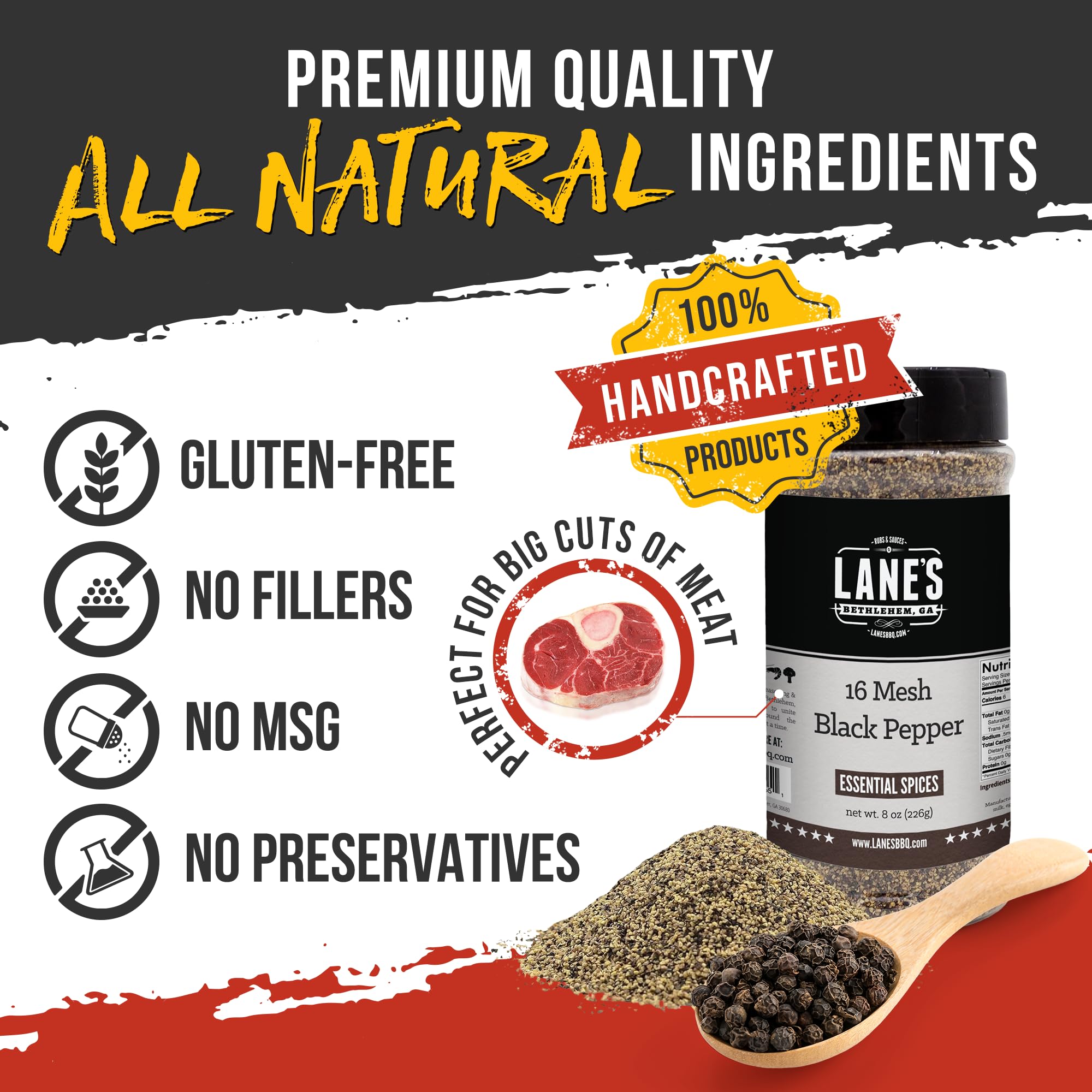 Lane's 8 oz shaker cap enables precise pouring during grilling.