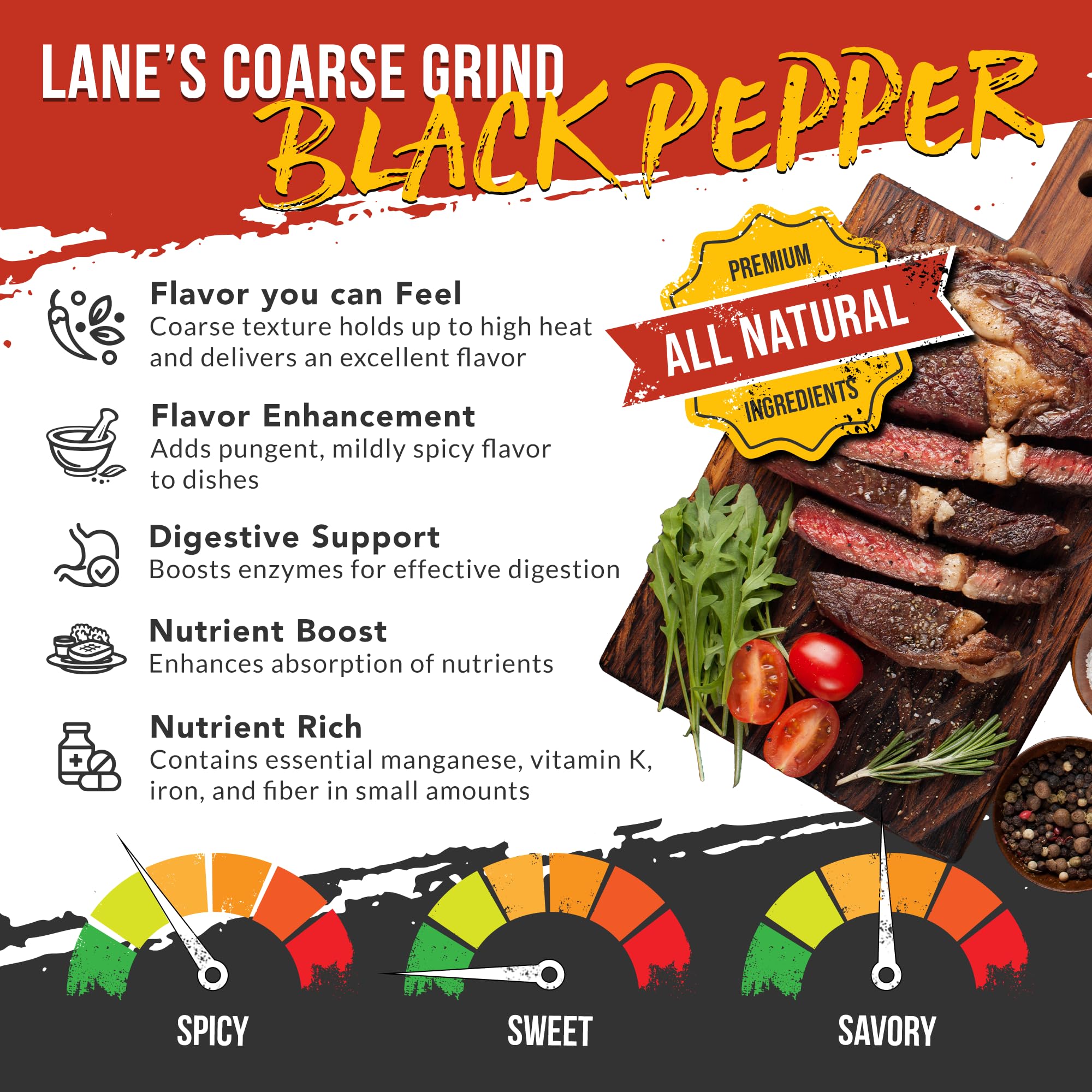 Lane's coarse pepper crusts meats beautifully for a rich sear.