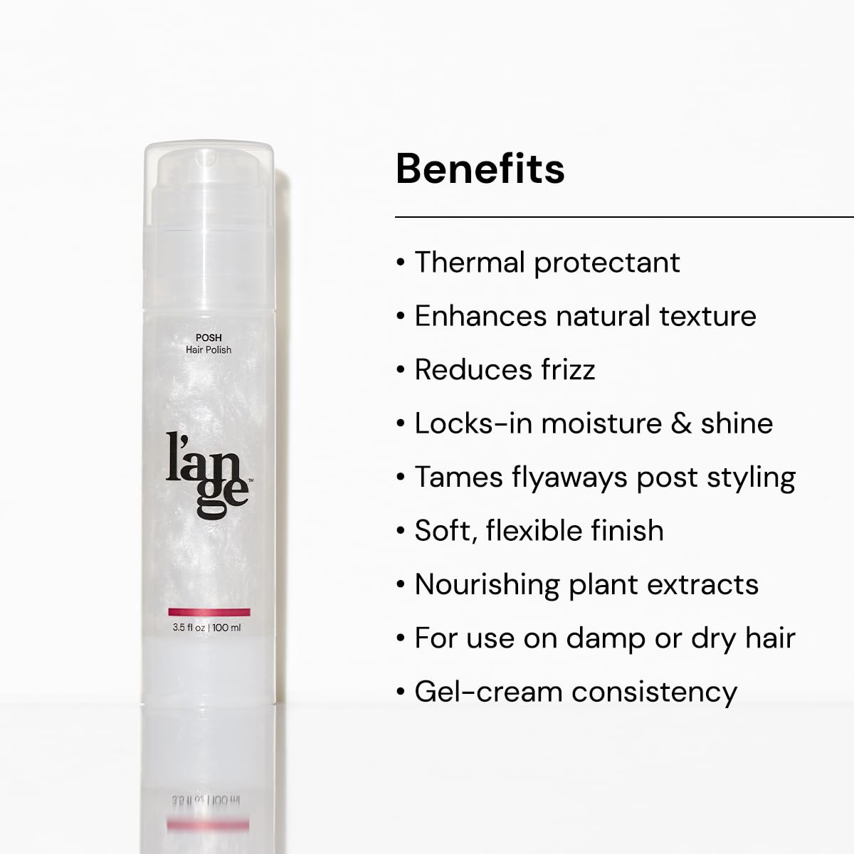 L'ANGE HAIR Posh Hair Polish bottle close-up shows nourishing botanicals for hair health.