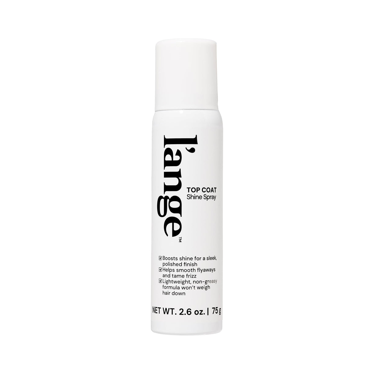 L'ANGE HAIR Top Coat Shine Spray bottle delivers instant gloss with a weightless feel.