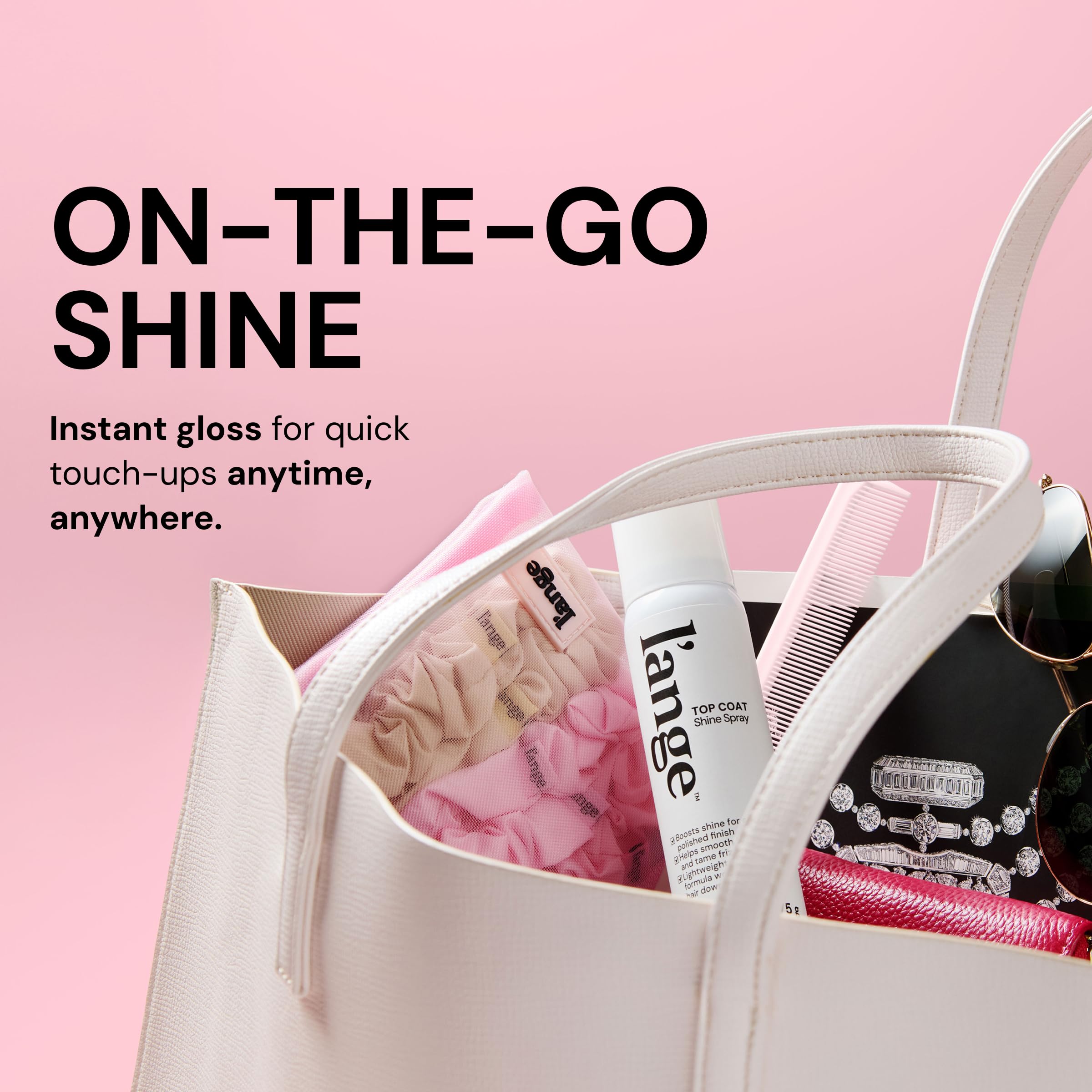 L'ANGE HAIR Top Coat Shine Spray ideal for smoothing flyaways at end of styling.
